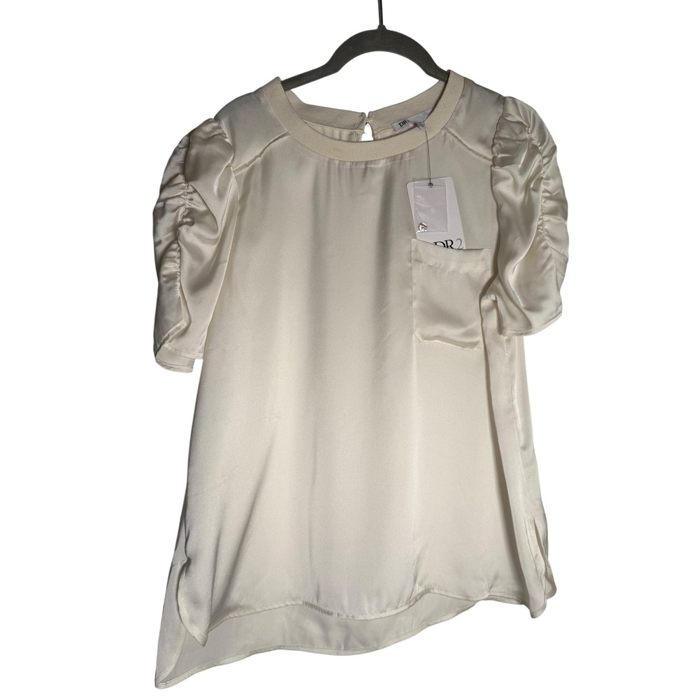 DR2 Puff Sleeve Top Pocket Detail Keyhole Back Polyester Cream Women's M NWT